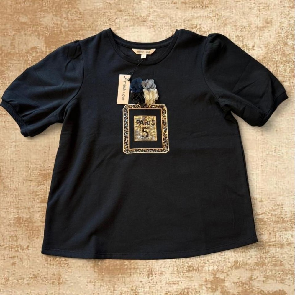 Mesh+Love Paris No. 5 Embellished Tee Puff Sleeve Top – Size M NWT‎